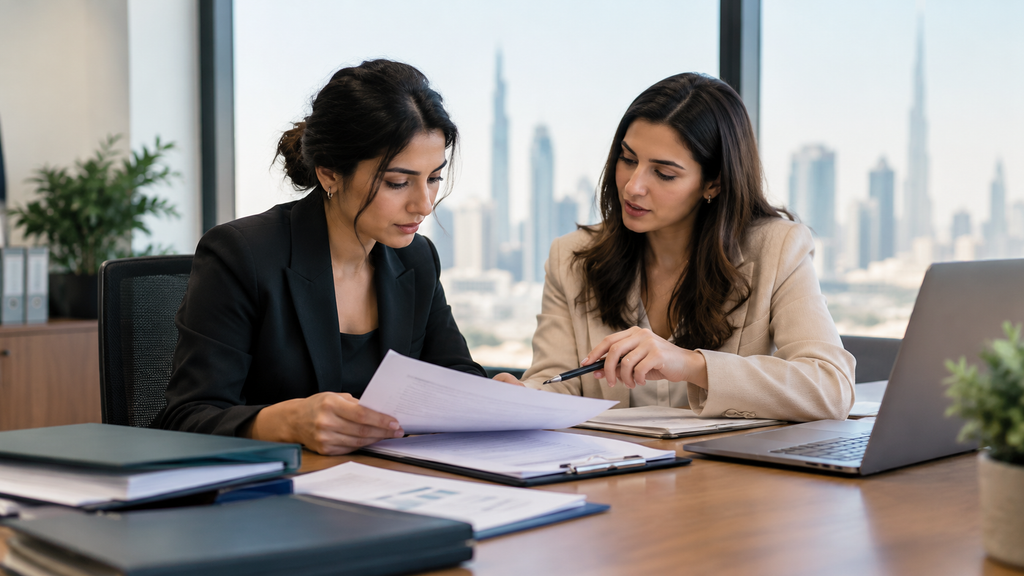 Business owner reviewing UAE employment compliance documents with an adviser
