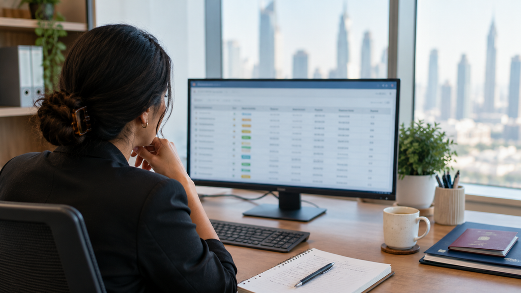 Business owner using an HR tracker to monitor visa expiry dates and leave balances