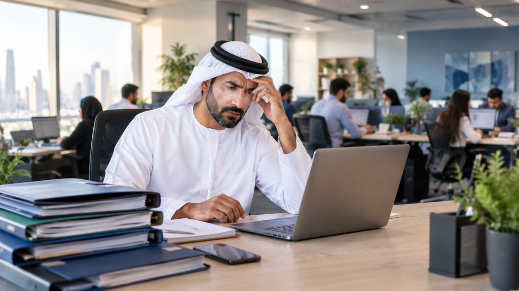 Business owner in a Dubai office reviewing stacked employee files while a growing team works behind