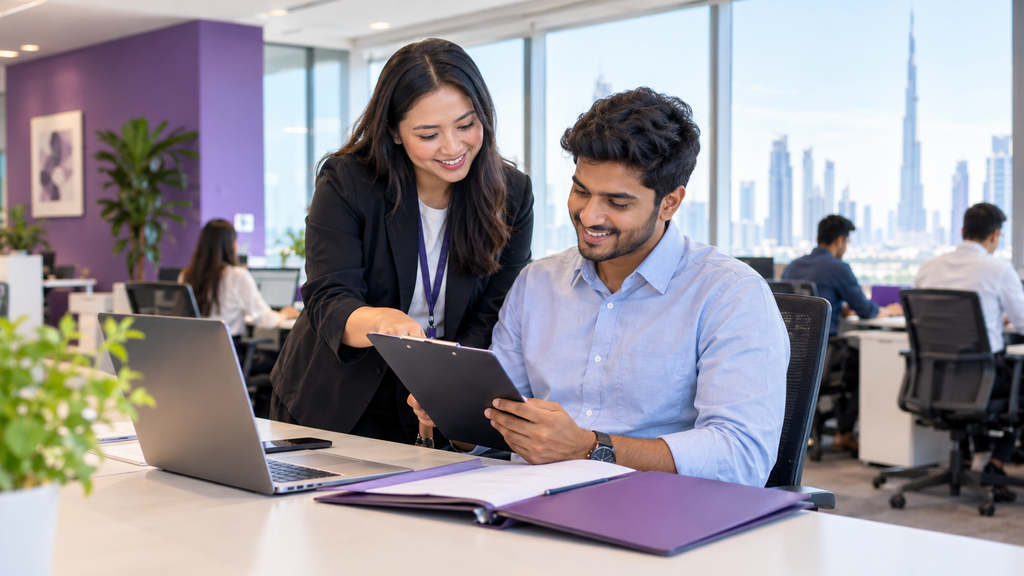 Manager guiding a new employee through an onboarding checklist in a Dubai office