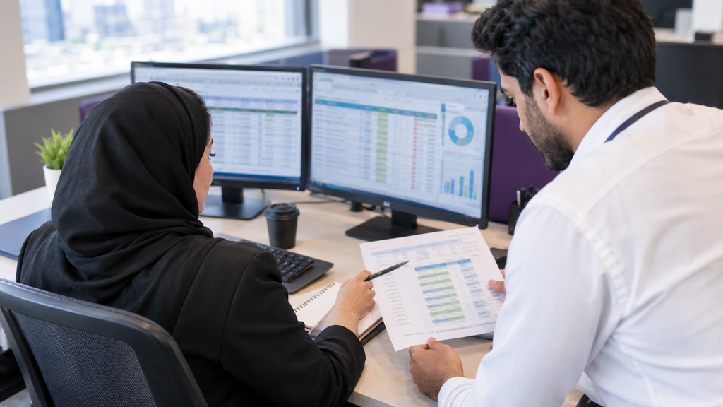 Finance and HR coordinator checking monthly payroll on dual monitors in a Dubai office