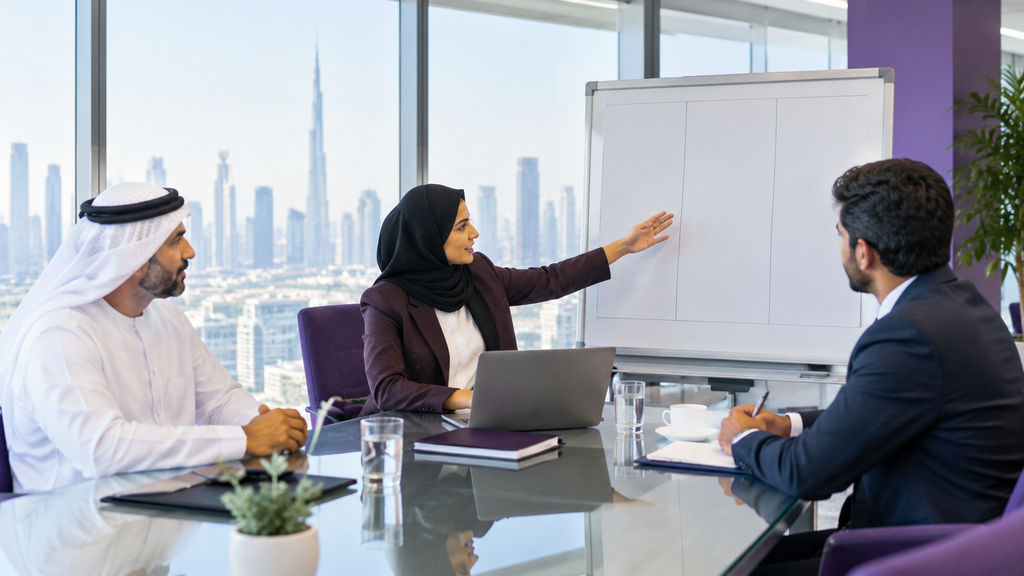 Business owner and HR consultant comparing in-house HR, outsourced HR and PEO options in a Dubai boardroom