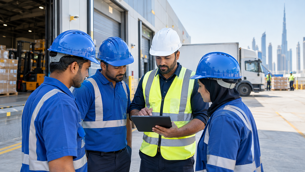 UAE site supervisor reviewing a workforce deployment schedule with uniformed workers at a Dubai warehouse loading bay.