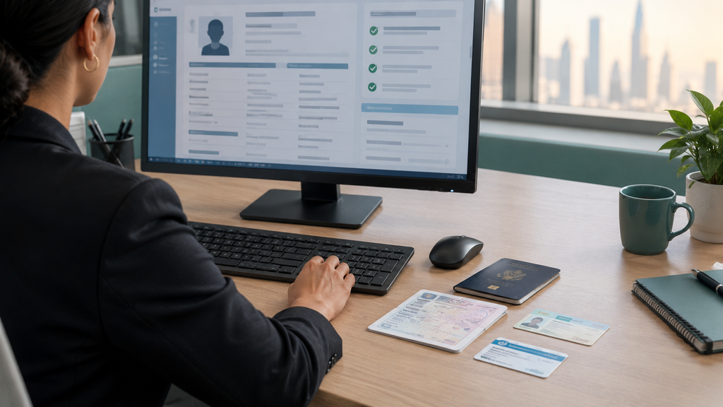 HR officer reviewing an employee onboarding profile on a desktop computer, with passport, visa documents, and identification cards arranged on a desk in a modern Dubai office.